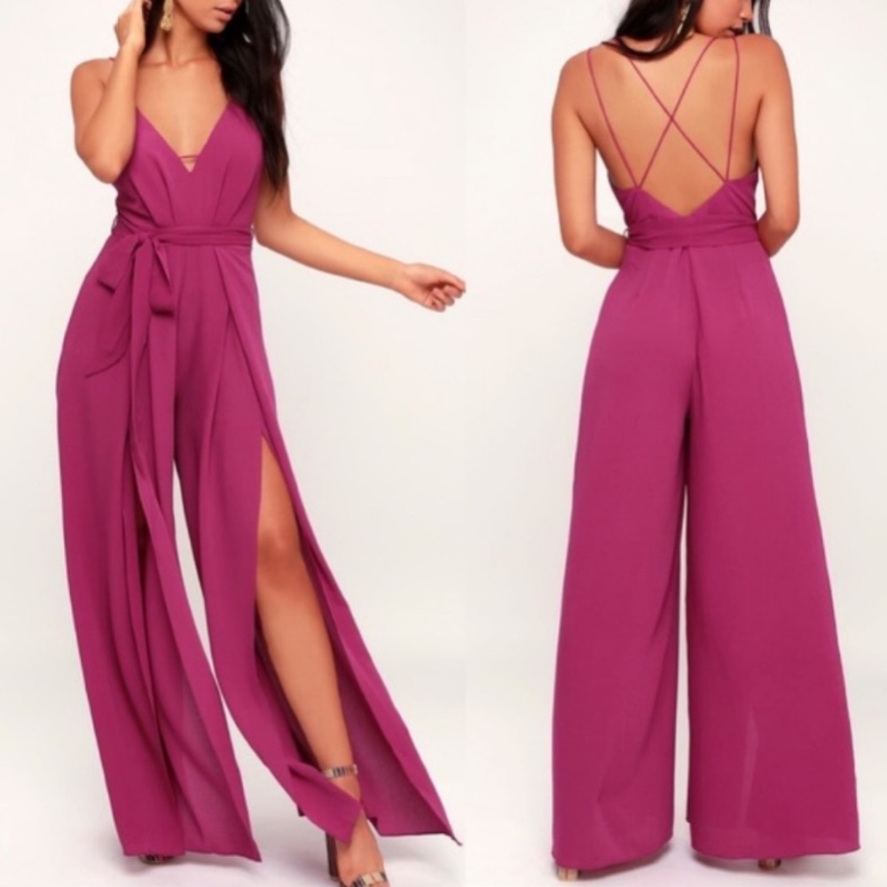 Lulu’s Hype Dream Magenta Backless Wide-Leg Jumpsuit